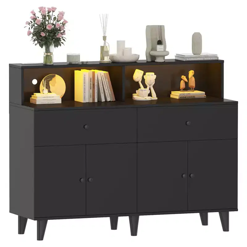 51 in Storage Cabinet with Power Outlets, Wood Coffee Bar Station Table with Drawers and Adjustable Shelves