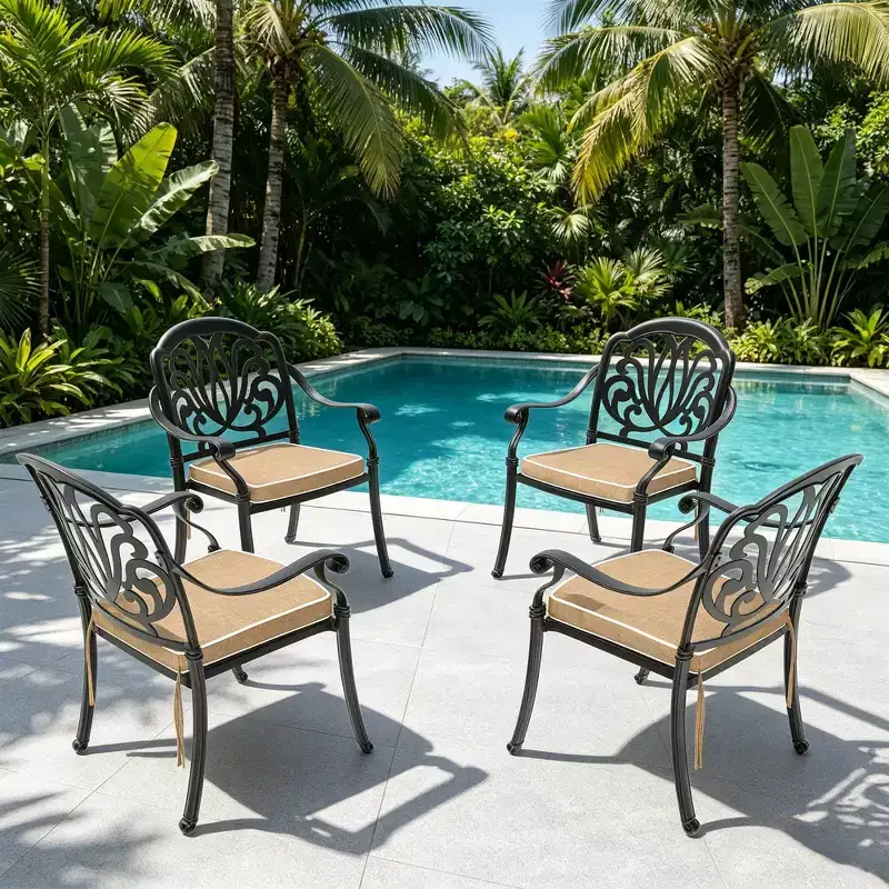 Set of 4 Cast Aluminum Patio Dining Chairs, Black Rust Resistant Frame with Water Resistant Cushions