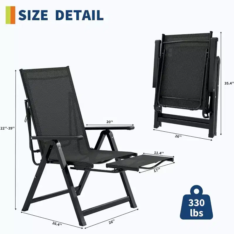 Outdoor Patio Folding Chair with Armrests & Footrest, Adjustable 10-Position Reclining Lounge Chair, Portable for Garden & Camping