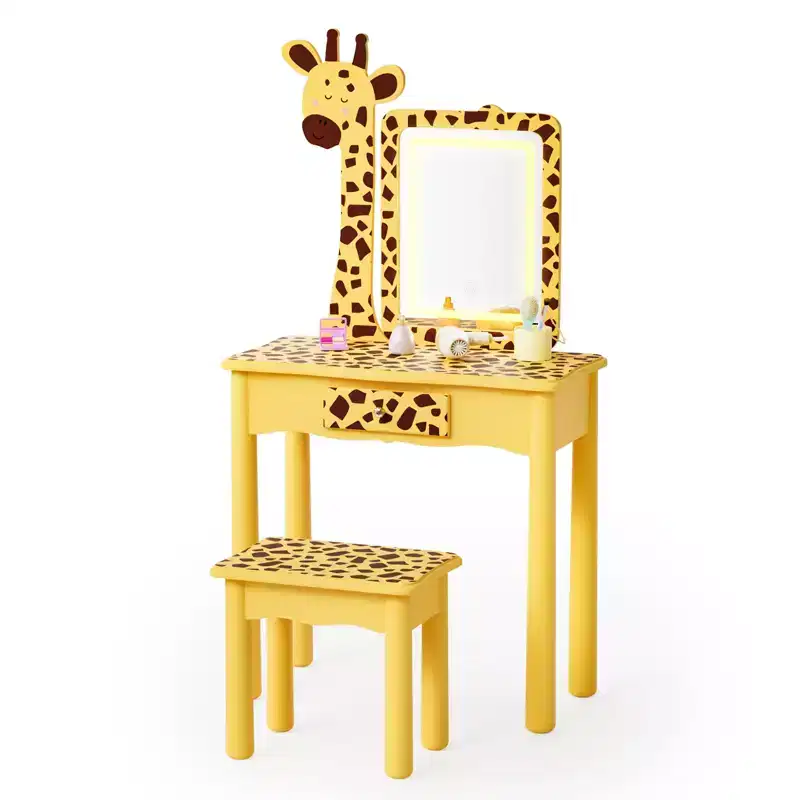 JOYMOR Kids Vanity Table and Chair Set with Lights & Wooden Legs, LED Lighted Girls Makeup Vanity, Giraffe Design