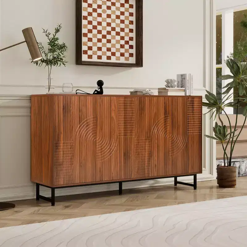 GDFStudio Pina 59'' Mid-Century Modern Wooden Storage Cabinet with 4 Doors and 8 Compartments