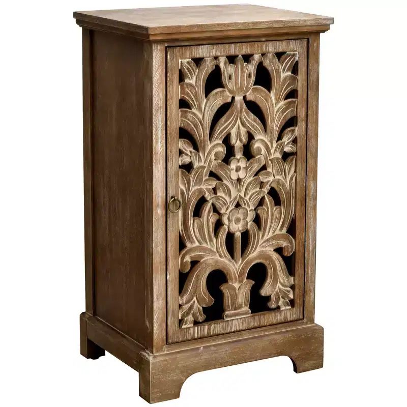 Vintage Hollow Carved Door End Table, 18x14x30.5 in, Storage Cabinet with Decorative Panel, Natural