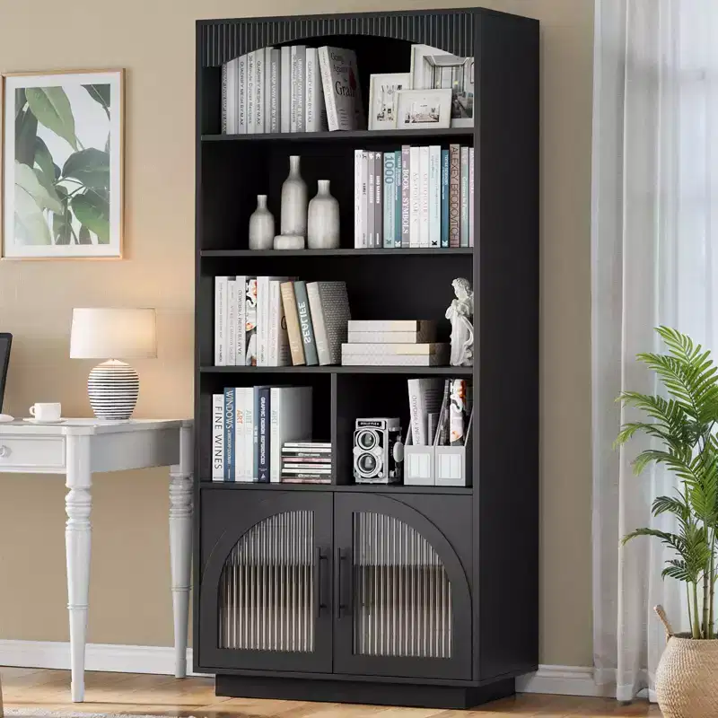 SOLACE FURNITURE 70 Tall Bookshelf, Bookcase with Doors, 5 Tier Bookshelf with Cabinet & Adjustable Shelves