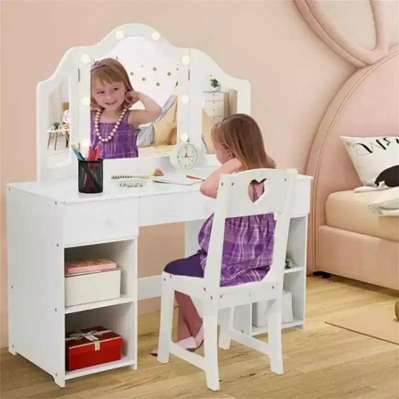 Acekool Kids Vanity Set with Detachable Tri-Folding Mirror, Storage Drawers & Shelves, Makeup Desk & Chair for Girls Bedroom