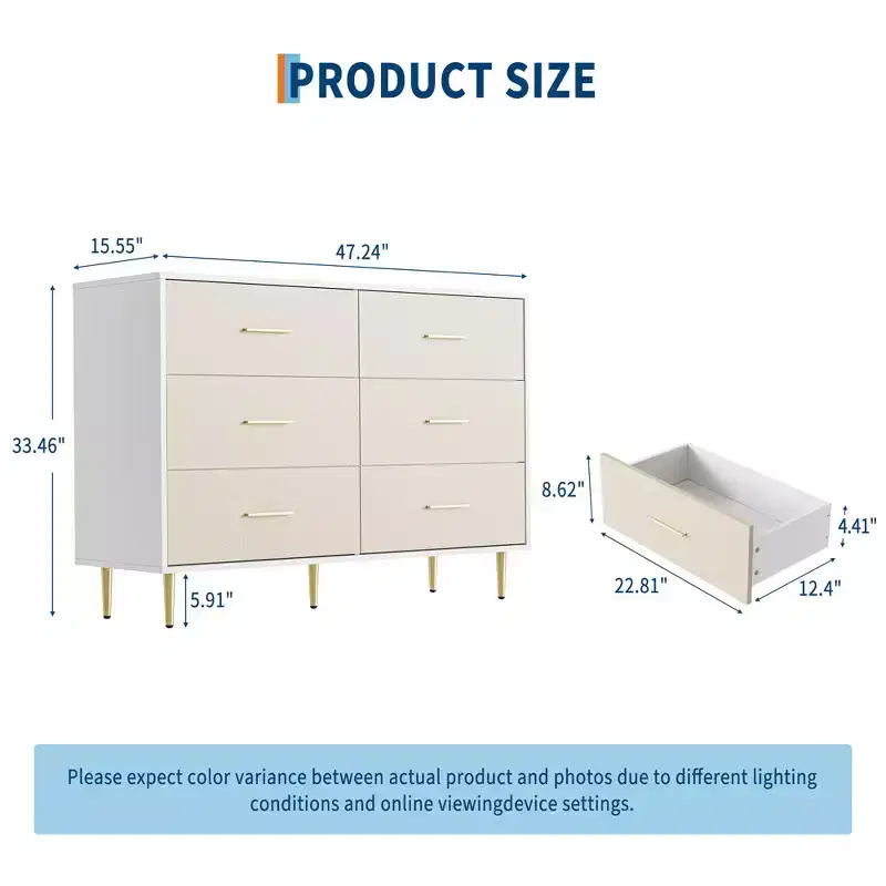 Modern White Dresser, Wooden Chest of Drawer with Metal Legs, White, 47.2 D x 15.5 W x 33.5 H, Storage Cabinet for Bedroom, Living Room, Entryway
