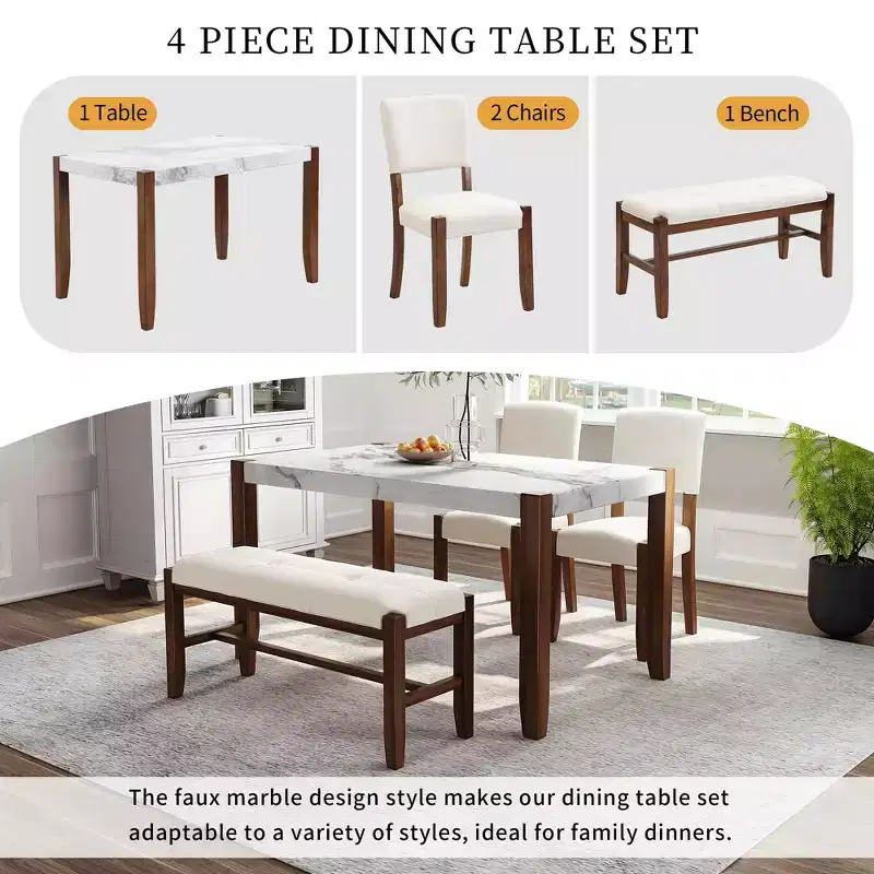 MAYEERTY 4-Piece Modern Dining Set, 46 Faux Marble Table, 2 Chairs & Bench