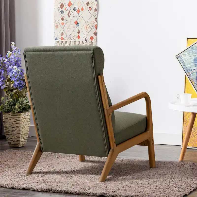 Upholstered Linen Blend Accent Chair with Wooden Legs and One Pillow