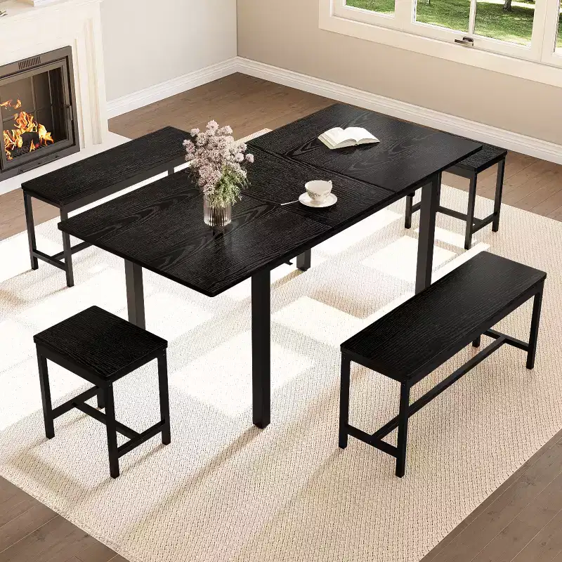 Kitchen Table Set ,Extendable Dining Table with 2 Benches and 2 Square Stools, Kitchen Table for 8 SeatingEasy Assembly