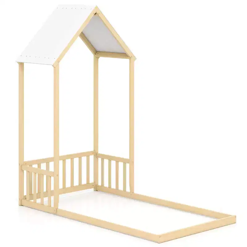 Twin Size House Bed Montessori Floor Bed with House Shape Roof & Semi-Fence, Natural/White/Gray