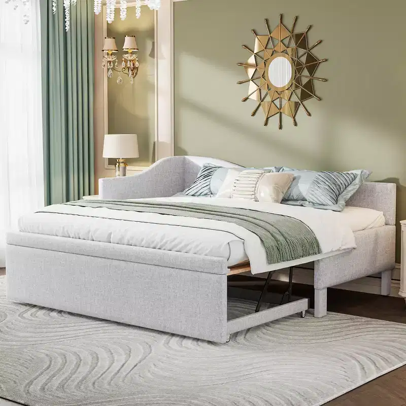 Twin Size L Shaped Platform Bed with Pop Up Trundle, Wood Upholstered Corner Bed Frame for Bedroom
