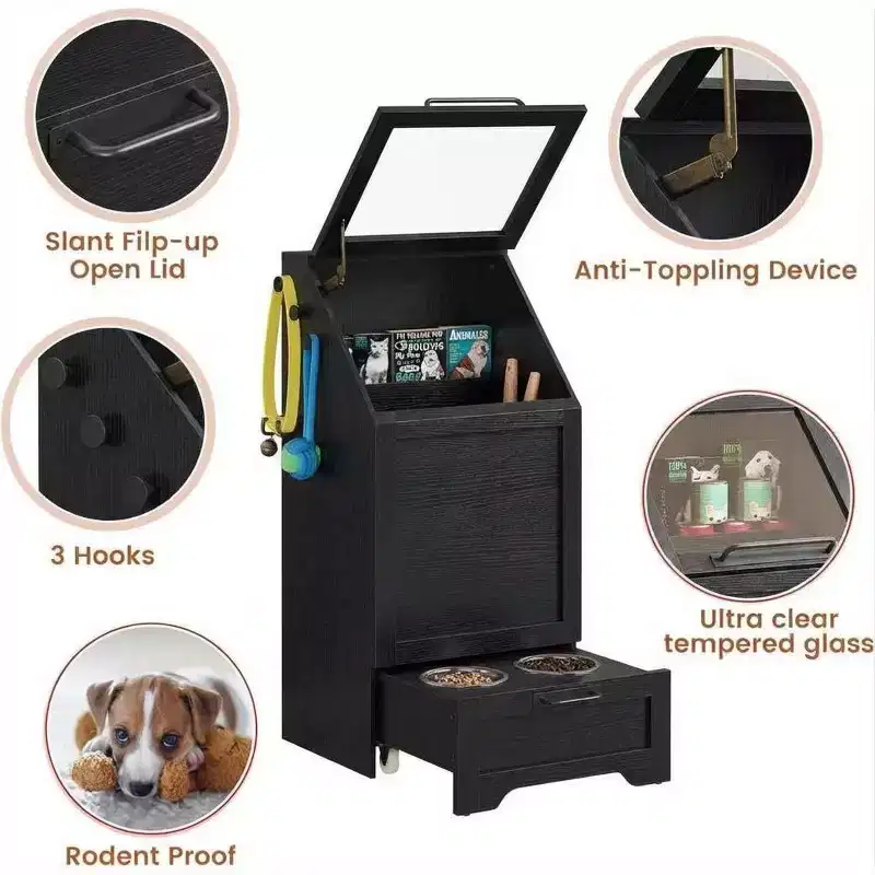 Integrated Elevated Dog Feeding Station, Collapsible Top Dog Food Container, Modern Dining Table Pet Furniture, for Kitchen, Dining Room