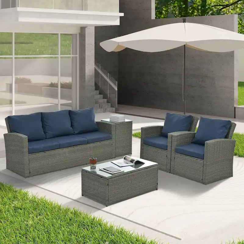 Patio Furniture, Outdoor Furniture, Seasonal PE Wicker Furniture,5 Set Wicker Furniture With Tempered Glass Table Top
