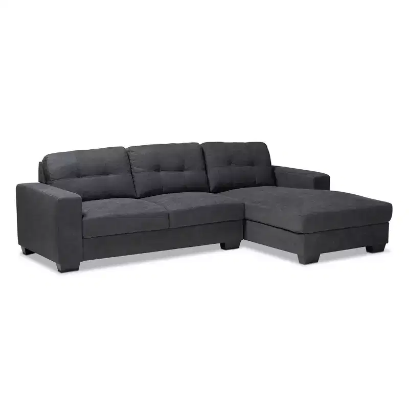 Baxton Studio Langley Sectional Sofa with Right Facing Chaise Dark Gray: Mid-Century Modern, Upholstered, Wood Frame
