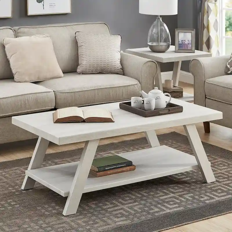 Contemporary White Wood Coffee Table with Bottom Storage Shelf