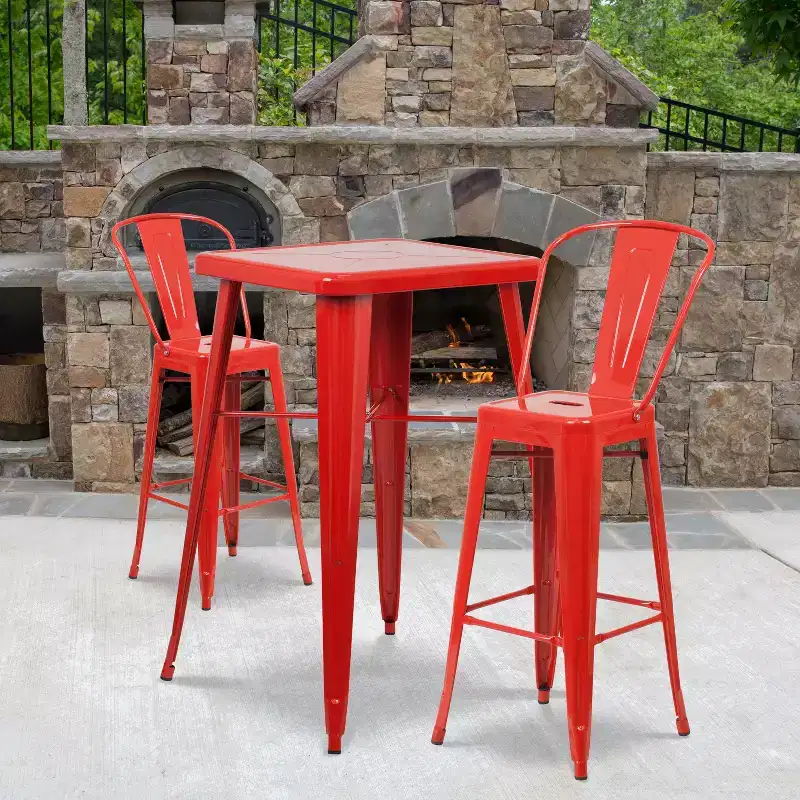 Emma and Oliver Commercial Grade 23.75 Square Metal Indoor-Outdoor Bar Table Set, 2 Back Stools