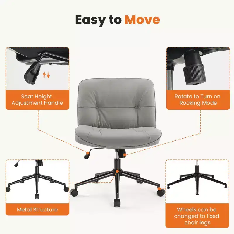 Chair Modern Home Criss Cross Legged Armless Wide Seat with Wheels Swivel Height Adjustable Comfy Computer Task Seating Room