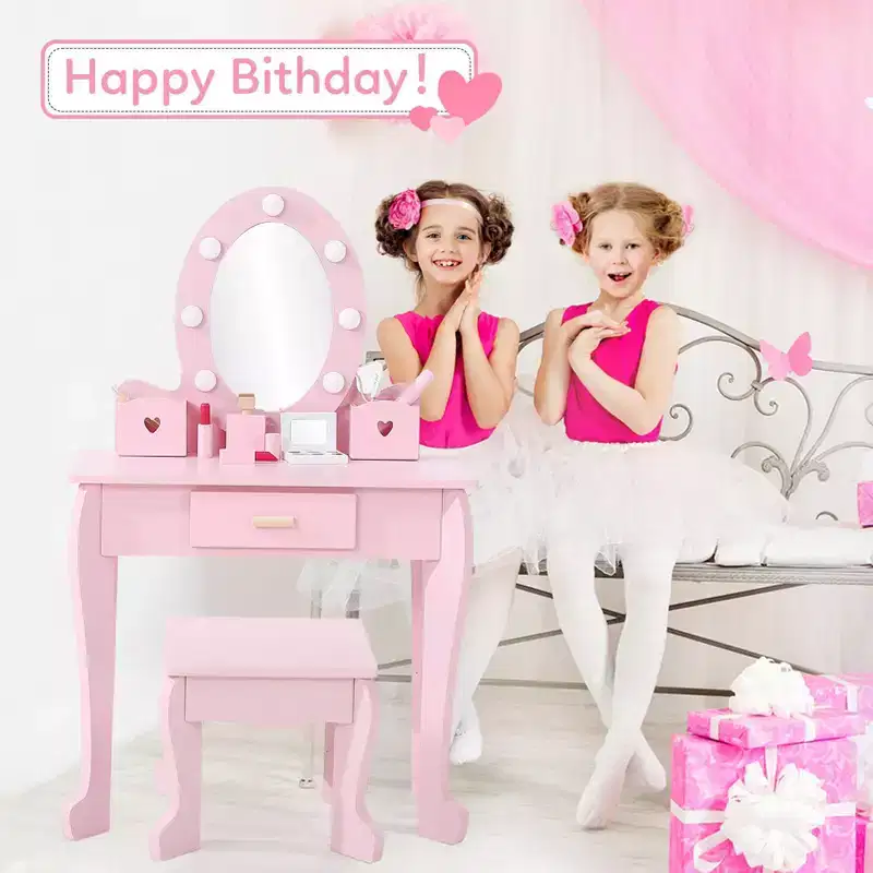 Children's dressing table set,pretend game girl dressing table and chair set,with light colored mirror,stool and wooden makeup toys