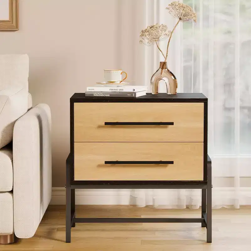 Light Wood Side Table with Metal Legs, Bedside Table with Storage, Mid Century Modern Side Tables for Bedroom Living Room.