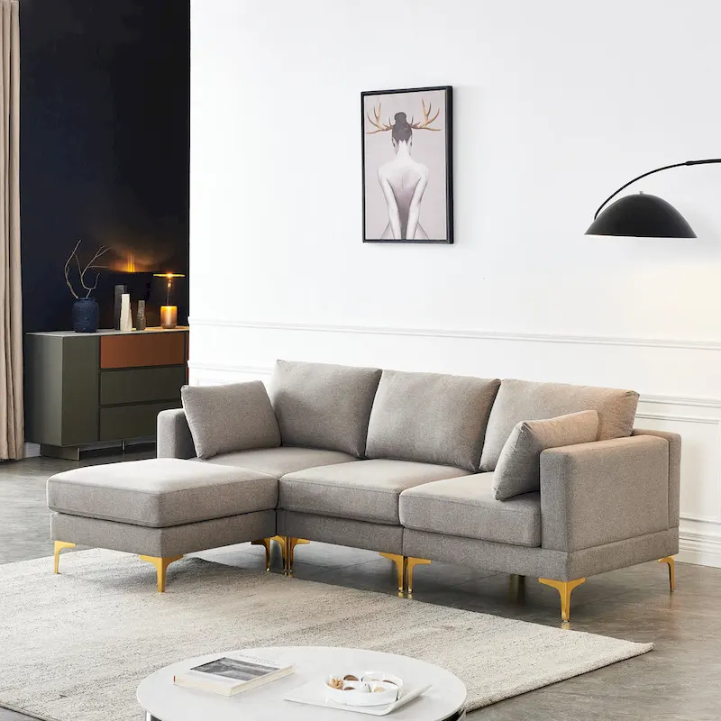 Christopher Knight Home - Beige L-Shape Sectional Sofa with Gold Metal Legs and Ottoman