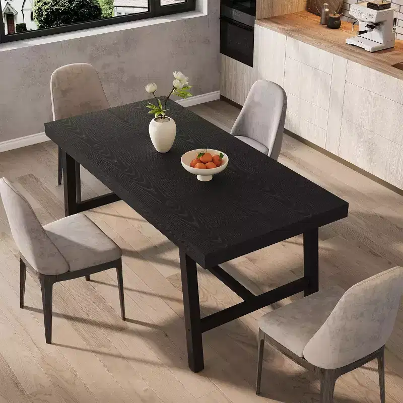 Industrial Dining Table for 4-6 People, 63in Long Wooden Kitchen Table with Sturdy Metal Frame - Seats 4-6 Rectangular Counter for Dinner