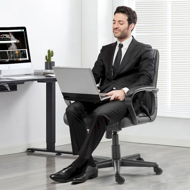 Adjustable Office Chair with Padded Armrests and PU Leather Seat