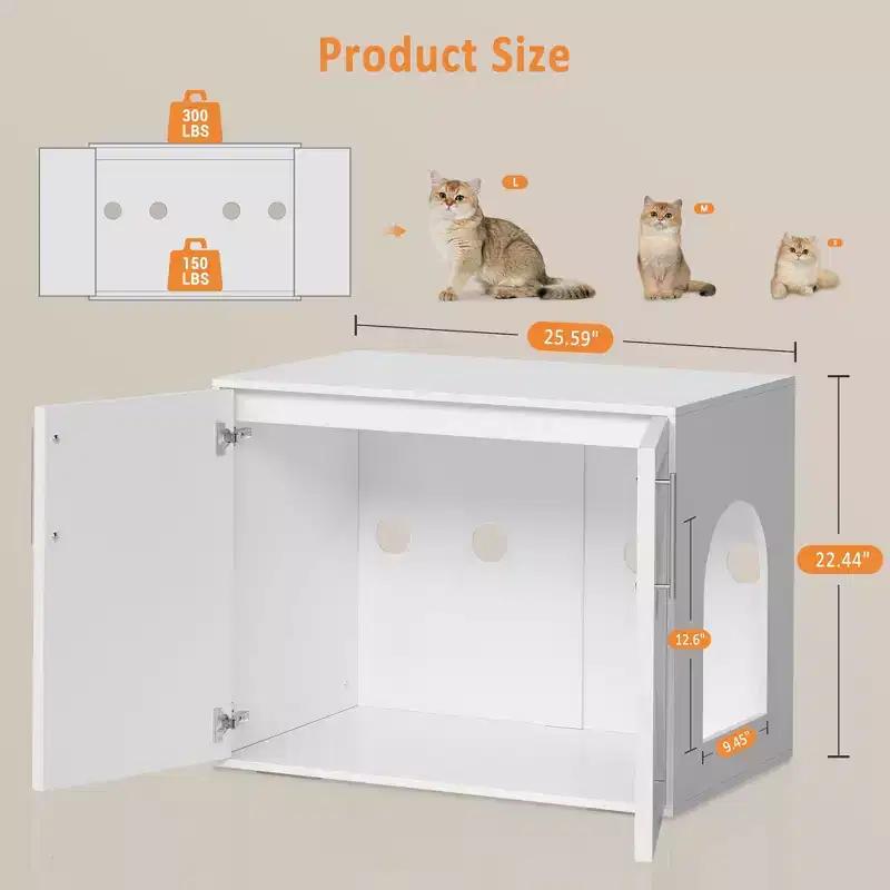 White 2-Door Wooden Cat Litter Box Enclosure Cabinet, for 1 Cat