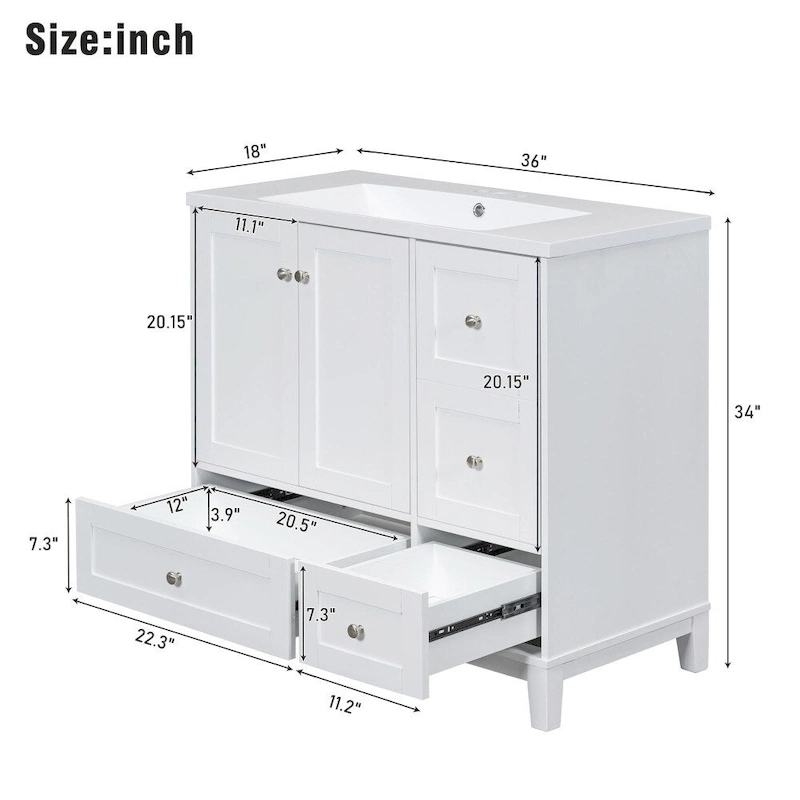 36 Inch Modern Bathroom Vanity with USB Charging and Single Resin top