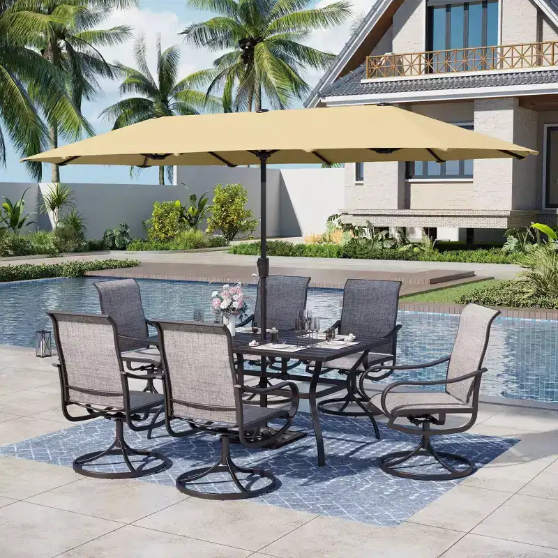 8pc Outdoor Dining Set with Metal Slat Top Table with Umbrella Hole & Swivel Chairs - Gray/Beige - Captiva Designs