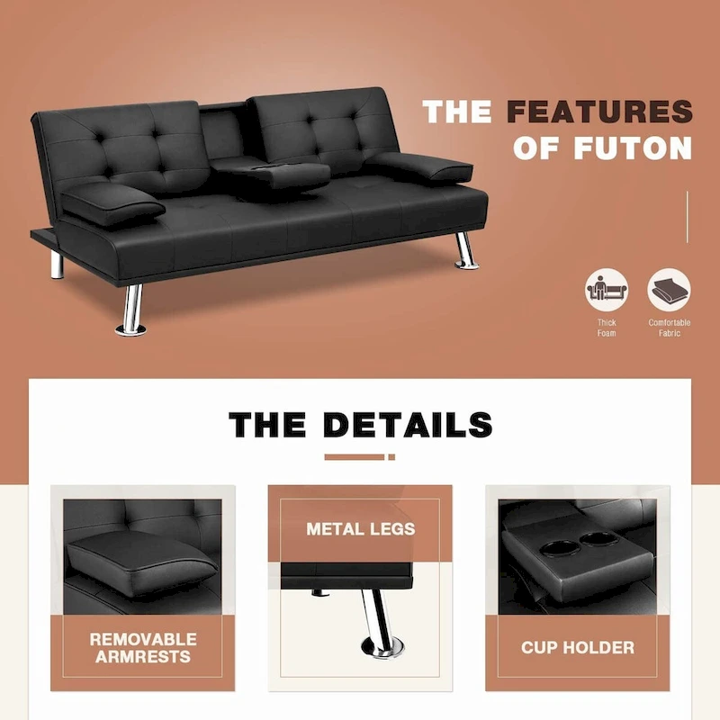 Furniwell Modern Faux Leather Futon with Cup Holders & Pillows, 65