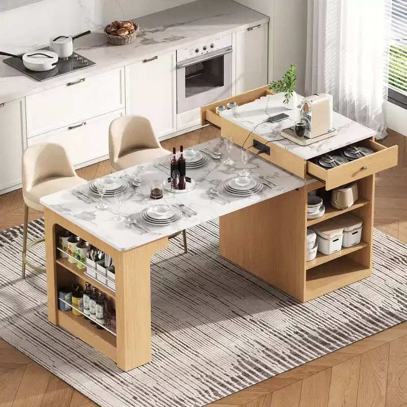 PexFix 59.5 Kitchen Island with Extendable Dining Table Kitchen Storage Table with Double-sided Storage with Power Outlet&Side Open Shelves Natural