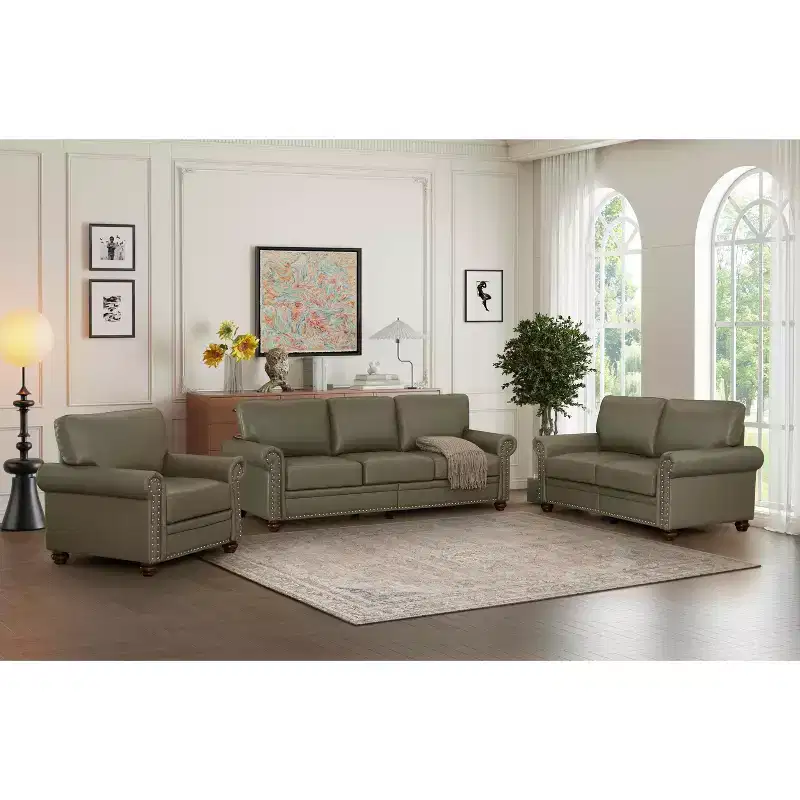 MAYEERTY 3 Pieces Sectional Faux Leather Sofa with Storage Silver Nails for Living Room Taupe