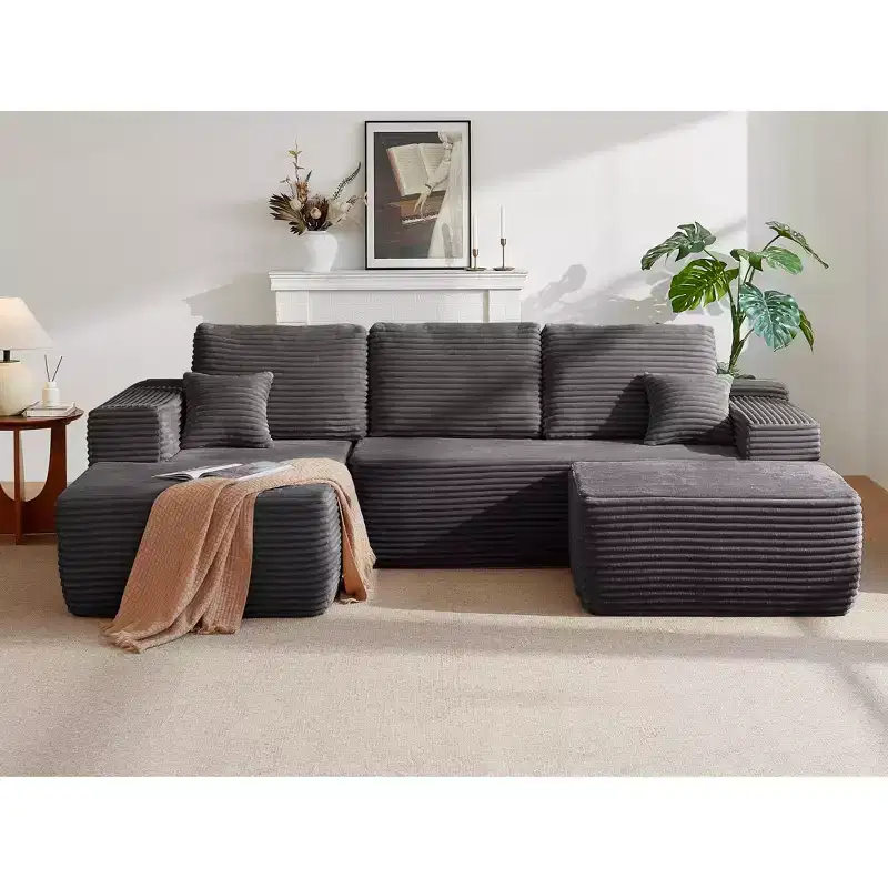 104Cloud Sectional Sofa,U-Shaped Chaise,Deep Seat,Side Pockets,Plush Fabric,No Assembly,Grey,Left Facing