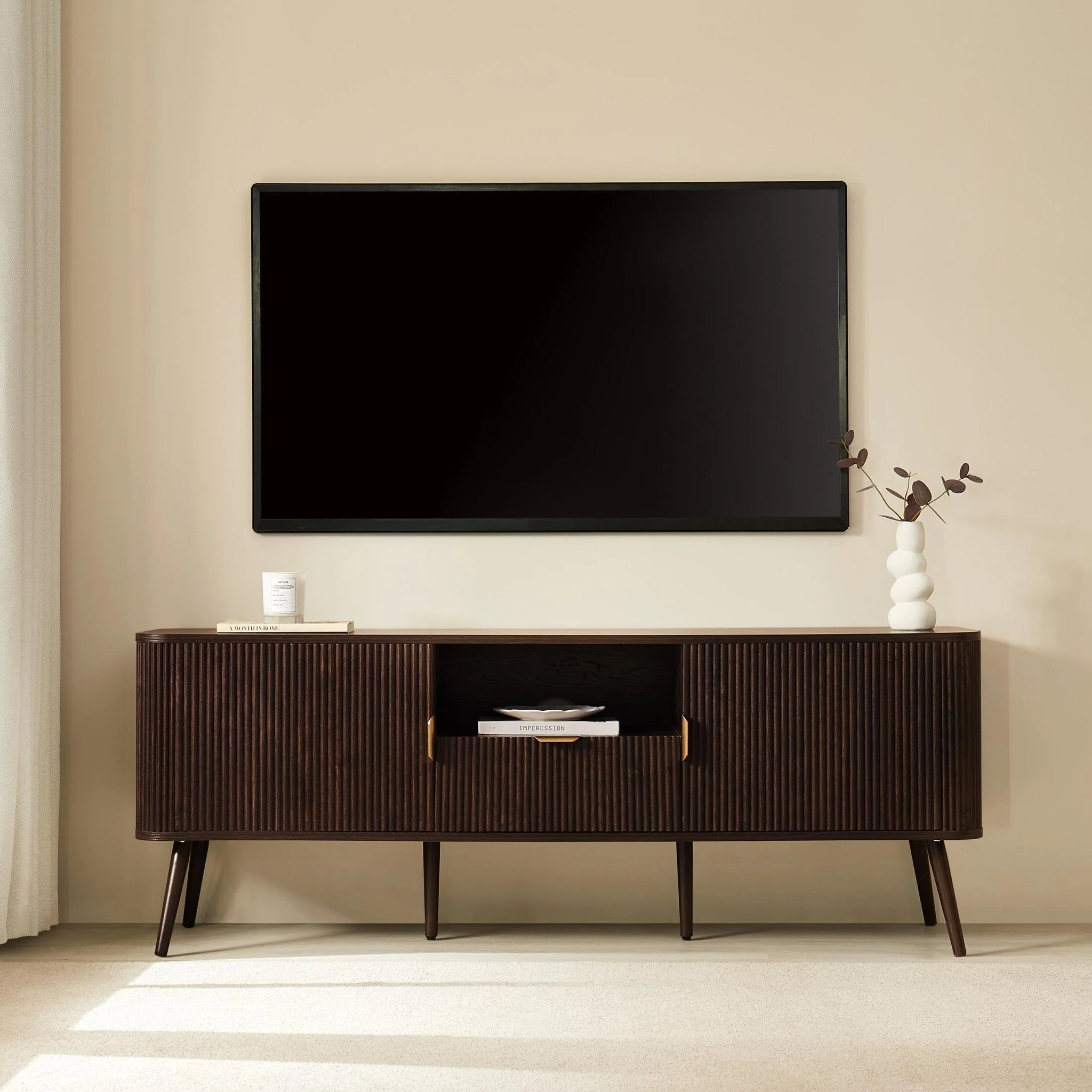 Contemporary Walnut Wood Effect TV Unit with Panelled Design for TVs up to 65 Inch for Living Room