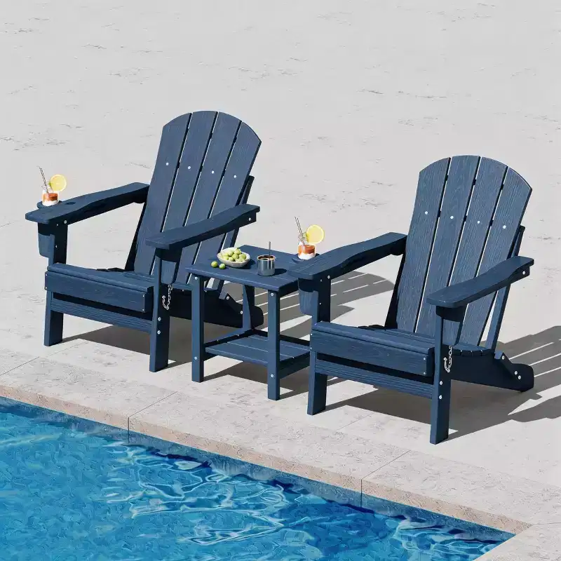 Folding Adirondack Chair with 2-Tier Storage Patio Side Table, Wooden Textured Resistant for Outdoor Patio Seating for Deck, Garden, Lawn, Fire Pit