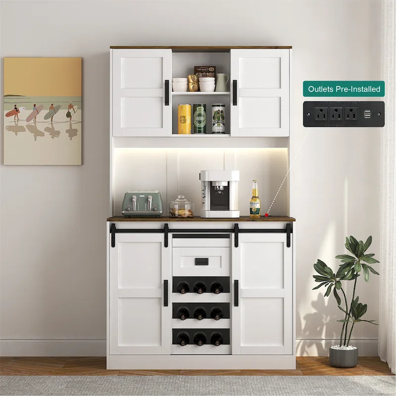 Farmhouse Bar Cabinet with Sliding Barn Door, Large Kitchen Buffet Rustic Coffee Bar Sideboard Table,White