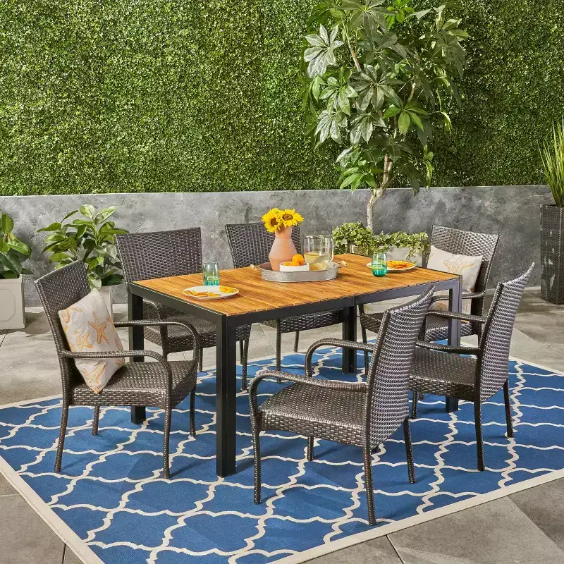 Christopher Knight Home Tyburn Outdoor Acacia Wood and Wicker 7 Piece Dining Set