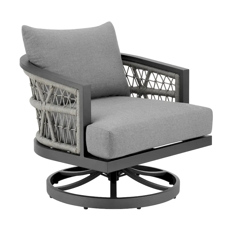 Hosa 30 Inch Outdoor Patio Swivel Armchair, Gray Metal Frame, Woven Rope