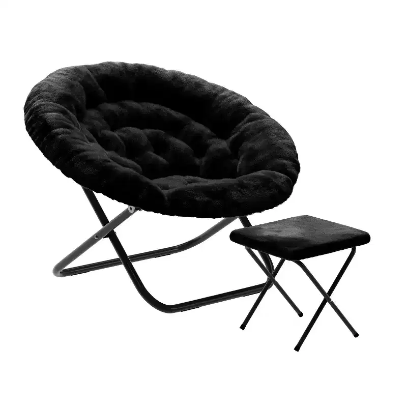 Flash Furniture Gwen 38 Oversize Portable Faux Fur Folding Saucer Moon Chair with Folding Ottoman for Dorm and Bedroom