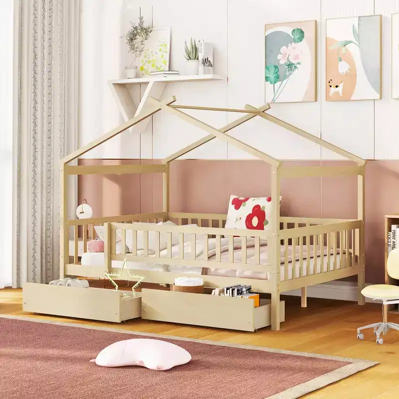 JVNOXK Kids House Bed with Whimsical Sky Roof and Spacious Storage - Solid Pine Wood Platform Bed with Headboards for Imaginative Bedrooms