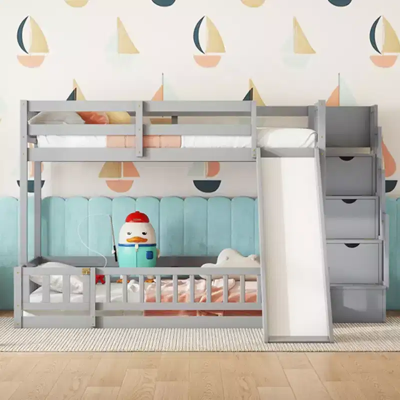 Twin over Full Bunk Bed with Slide, Storage Staircase, Safety Guardrails and Solid Pine Wood Frame, White/Grey