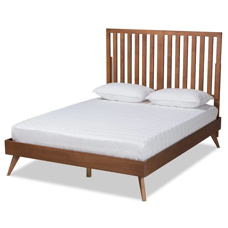 Mid-Century Modern Walnut Brown Wood Platform Bed