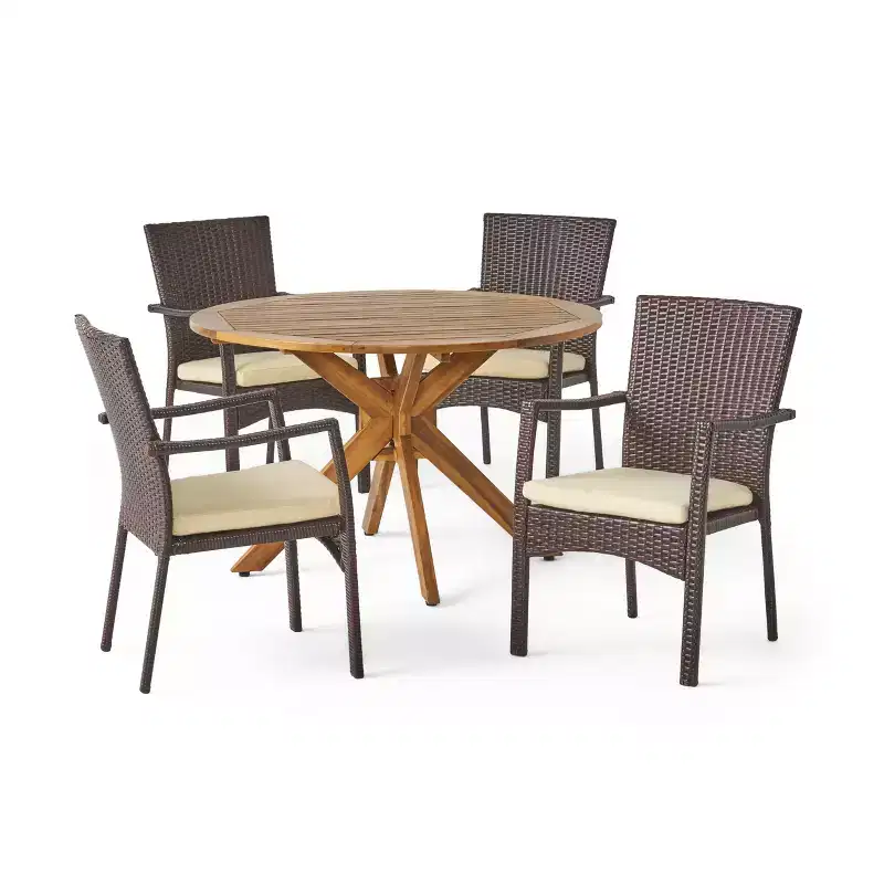 GDFStudio Tara Outdoor Wicker and Acacia Wood 5 Piece Dining Set with Cushions