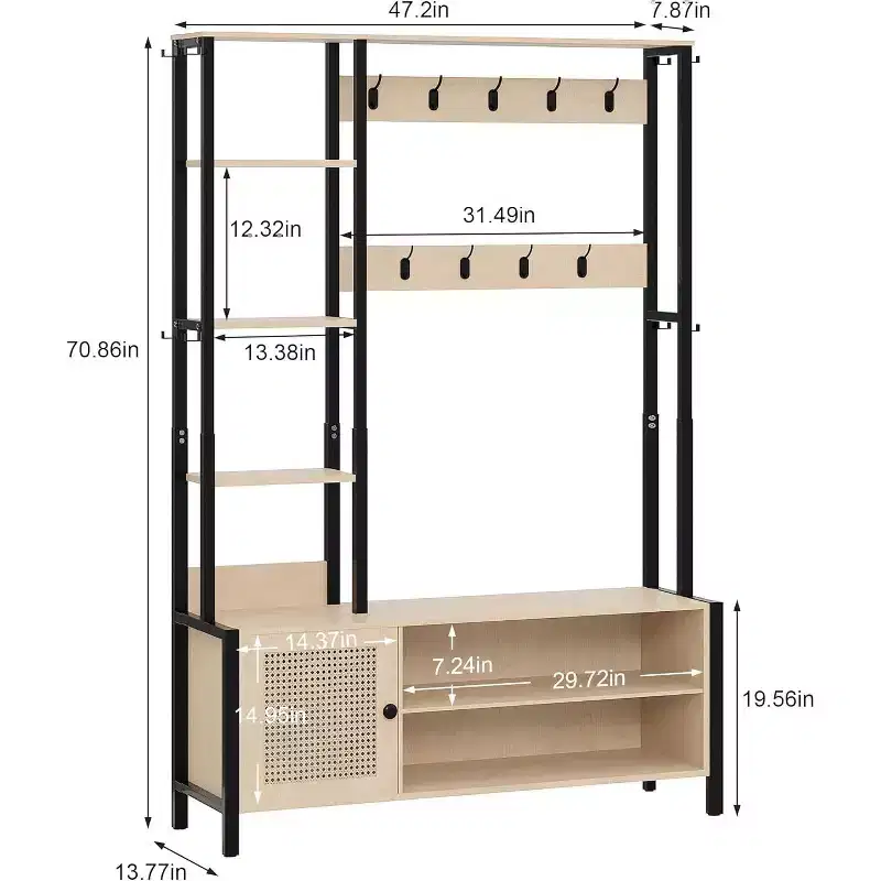 VECELO Hall Tree with Bench and Shoe Storage, 5-in-1 Entryway Coat Rack with 9 Hooks, 2-Tier Storage Shelves and Rattan Doors, Beige