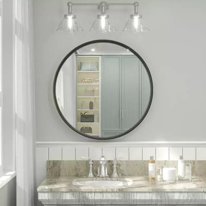 Keonjinn Metal Framed LED Round Frontlit Bathroom Vanity Wall Mirror, 3 Color Temperatures Dimmable, Anti-Fog