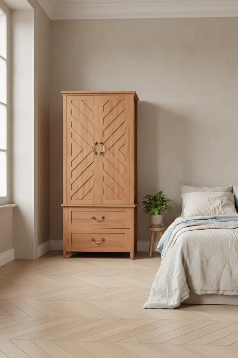 71-Inch V-Shape Wooden Armoire Wardrobe Closet with 2 Doors, Drawers and Hanging Rod, Freestanding Bedroom Cabinet