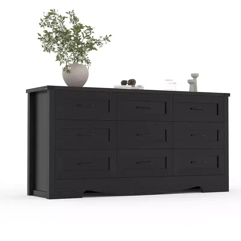 9-Drawer Dresser, 59 Farmhouse Wooden Chest of Drawers, Mid Century Modern Tall Storage Cabinet with Anti-Tip Safety for Bedroom, Living Room,Closet