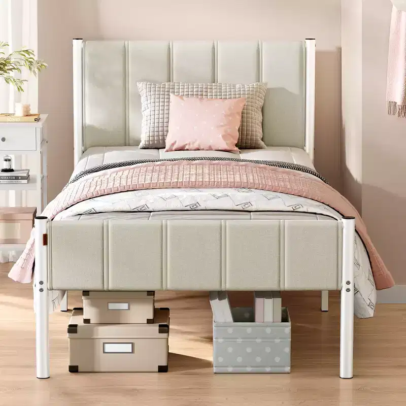 Twin Bed Frame with Upholstered Headboard