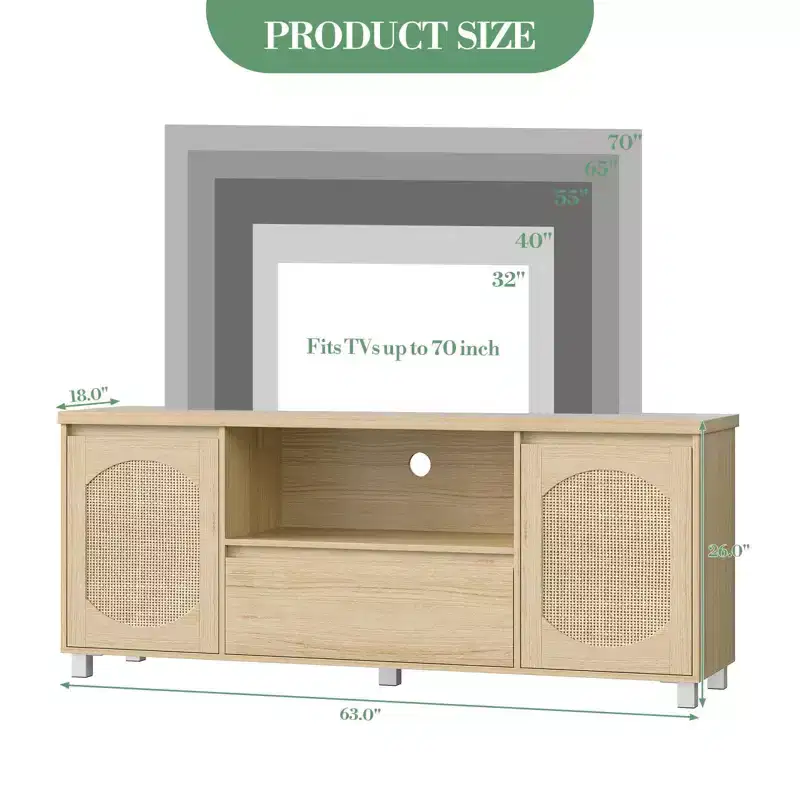 Rattan Door TV Stand with Drawer, Open Shelf and Side Cabinets, Fits TVs up to 70 Inch