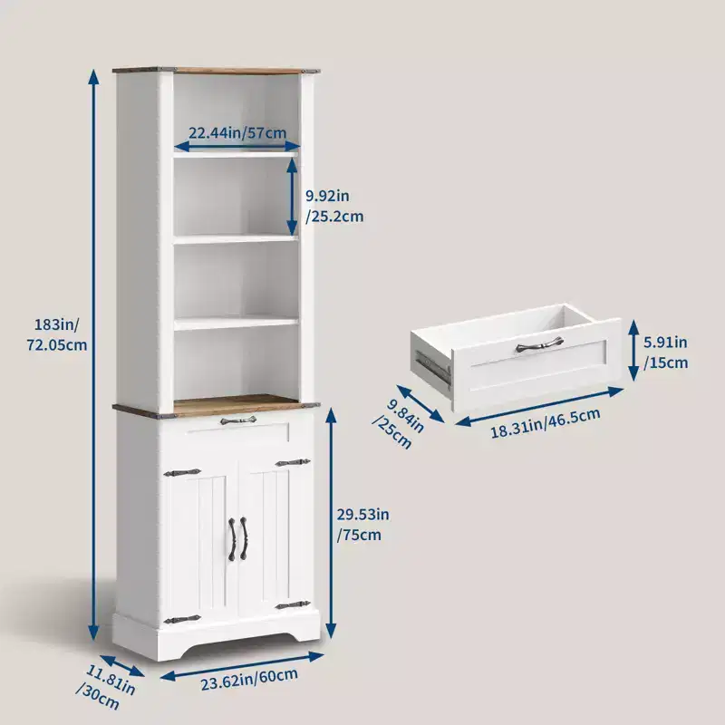 72'' Farmhouse Bookshelf with Storage Cabinet, Floor Standing Book Storage Rack with Adjustable Shelf for Home Office Living Room, White
