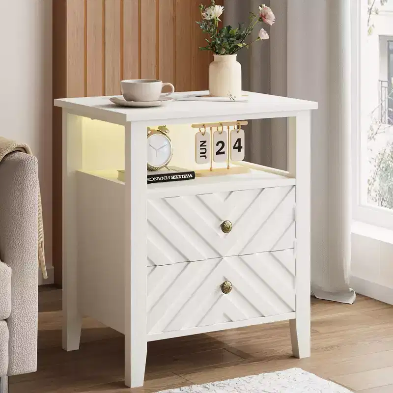 White Farmhouse Nightstand with 2 Storage Drawers Lighting Open Shelf Sturdy Wooden Legs Bedside Table for Bedroom Living Room Office